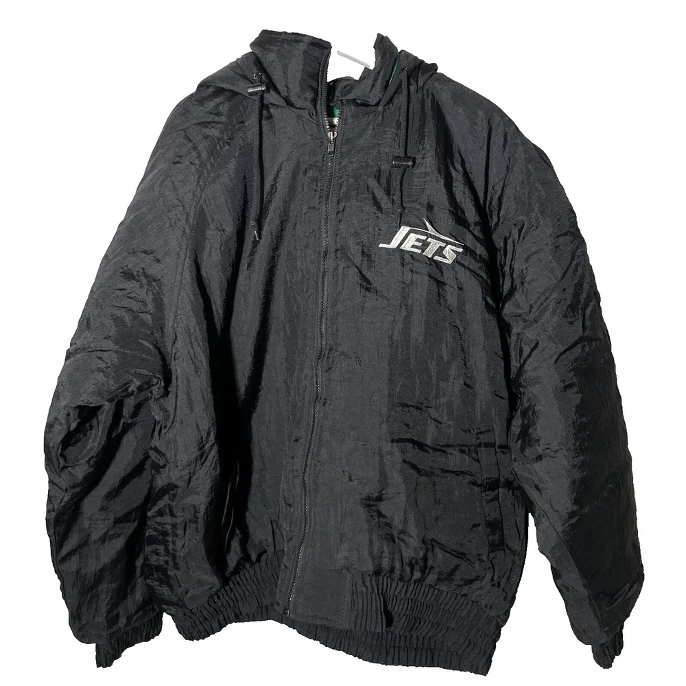 Vintage 90s New York Jets NFL Game Day Puffer Jacket XL Black Green Hooded Coat